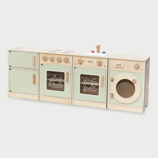 Wooden toy kitchen set with pastel  green colour on a white background