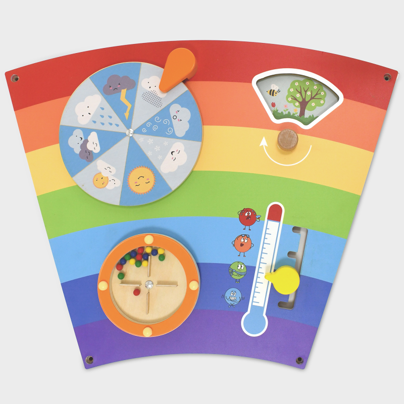 Colourful educational board with various interactive elements on a white background