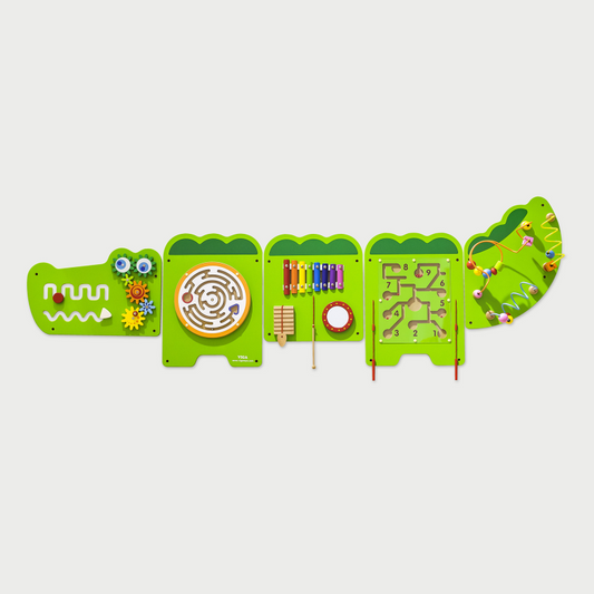 Green Crocodile wall panel educational toy.