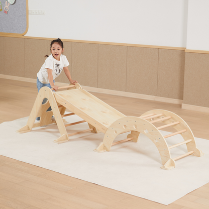 Child playing on a wooden climbing frame.