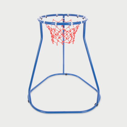 Blue basketball stand with red net on a white background