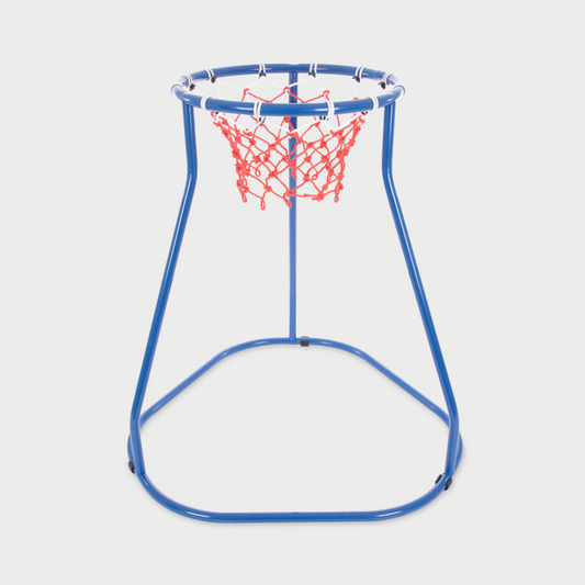 Blue basketball stand with red net on a white background