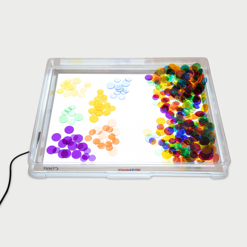 Light panel with colourful confetti in a tray with a white background