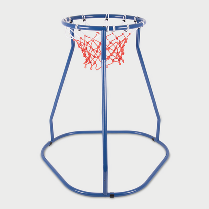 Blue basketball hoop stand with red net on a white background