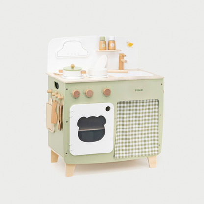 Children's wooden play kitchen set on a white background
