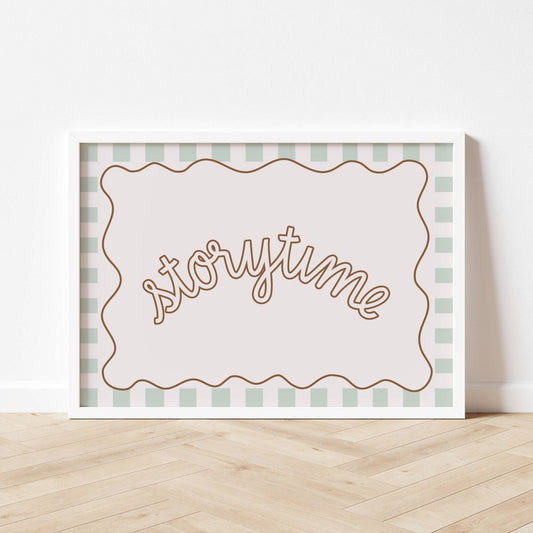 Framed artwork with 'storytime' text on a checkered background
