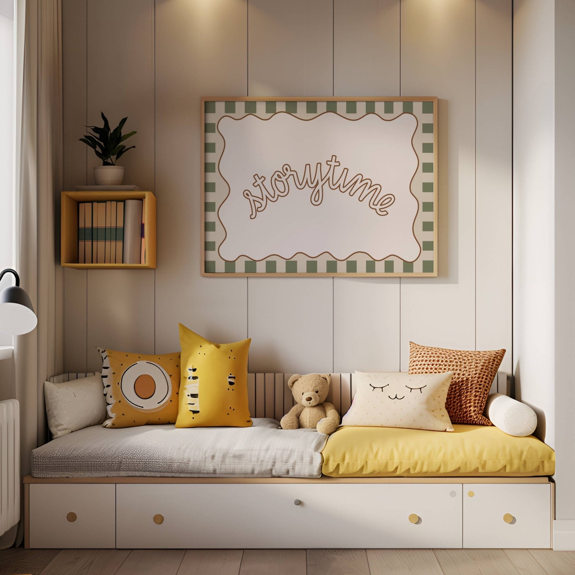 Children's reading nook with cushions, teddy bear, and 'storytime' sign on wall.