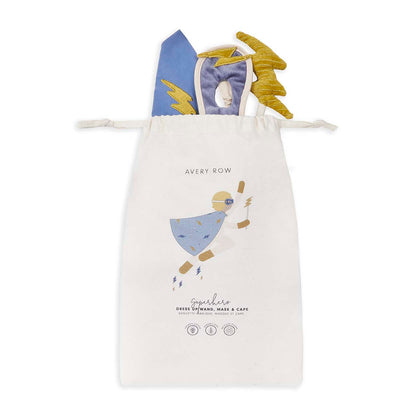 Children's superhero costume in a drawstring bag with 'Avery Row' branding.