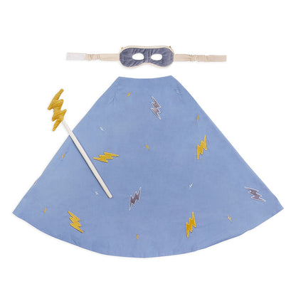 Blue superhero cape with lightning bolt patterns, white stick, and mask on a white background