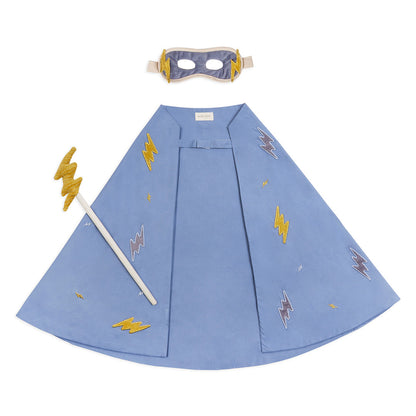 Blue superhero cape with lightning bolt patterns, yellow mask, and white staff on a white background