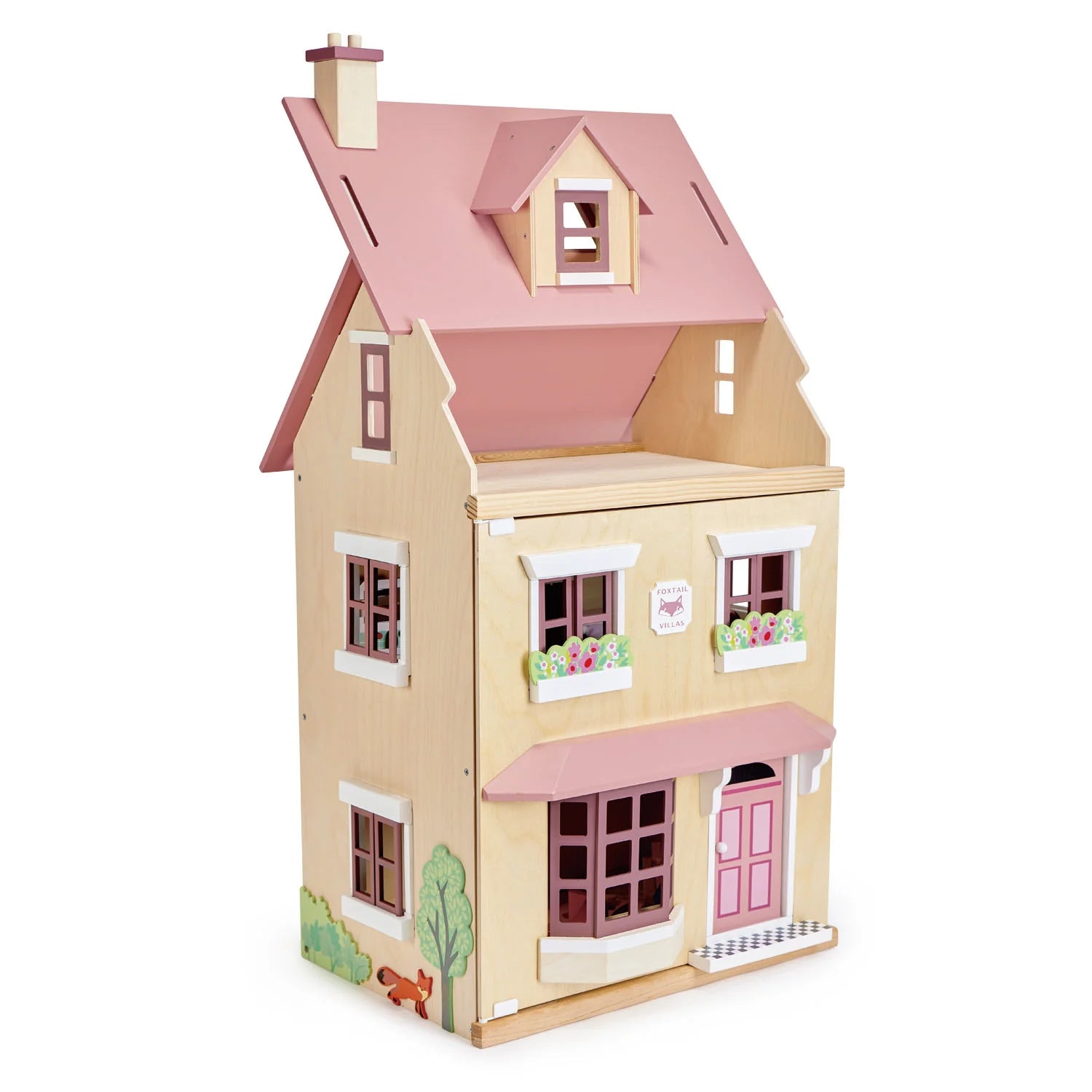 Wooden dollhouse with pink roof and accents on a white background