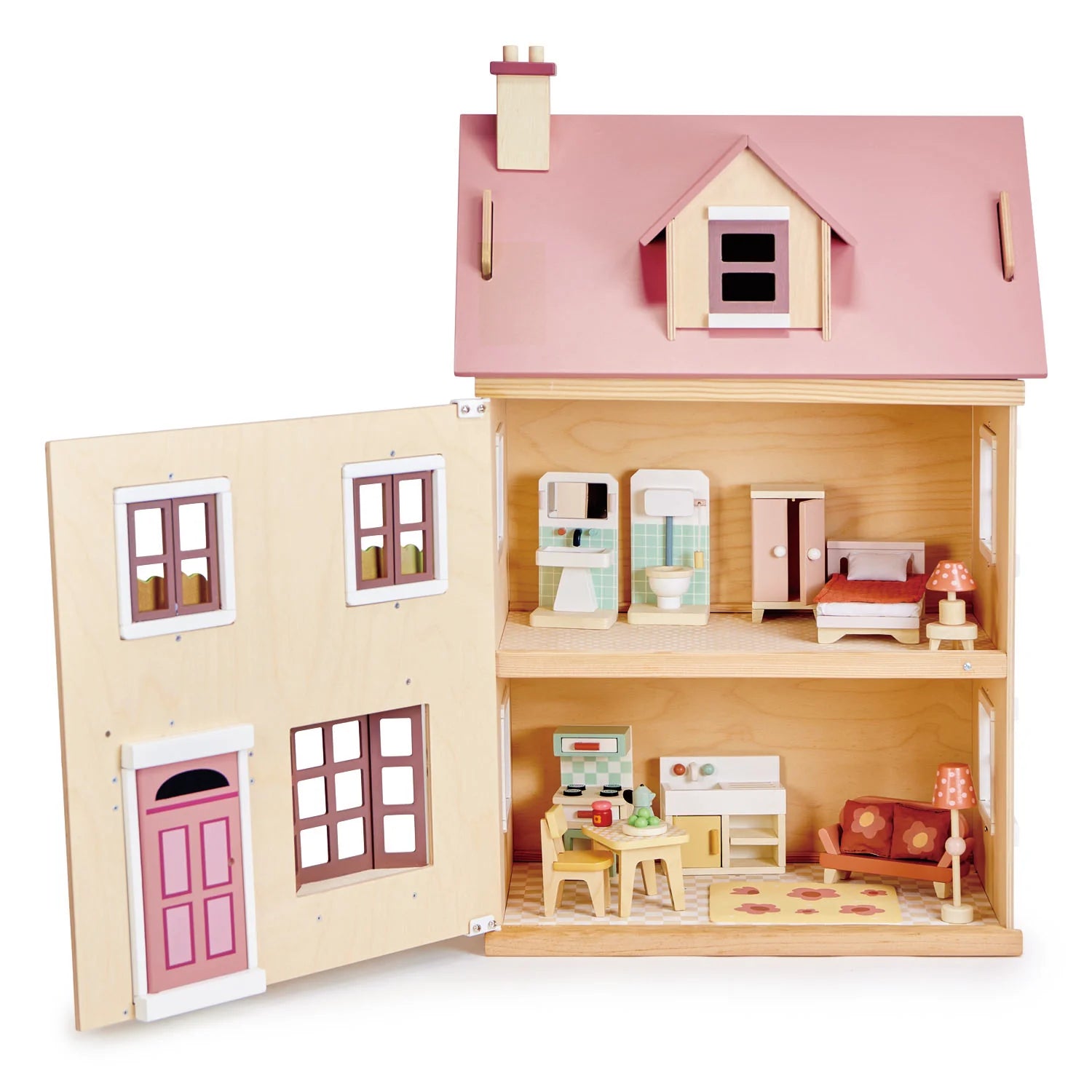 Wooden dollhouse with pink roof and furniture on a white background