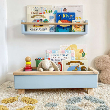 Children's toys and books on a shelf and tray against a white wall.