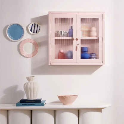 Cabinet attached to wall with products inside