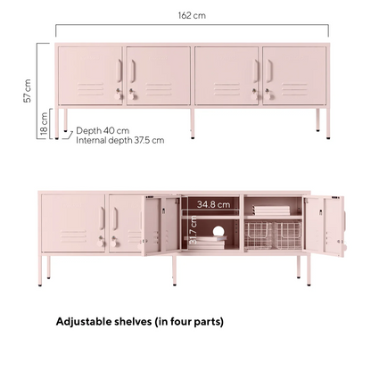 Dimensions of a pink storage unit with adjustable shelves on a white background