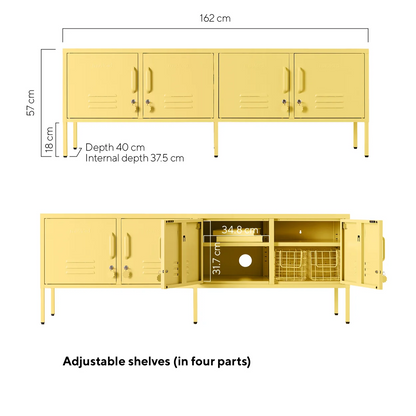 Yellow locker-style cabinet with dimensions and adjustable shelves indicated on a white background.