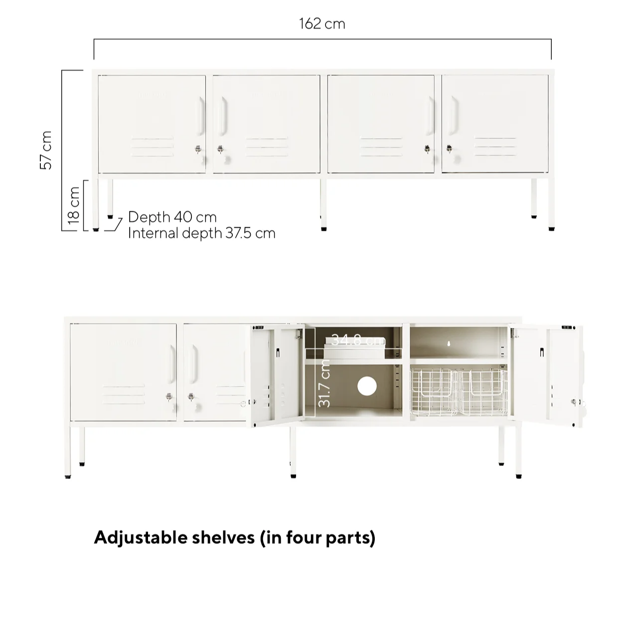 Diagram of a kitchen cabinet with dimensions labeled on a white background