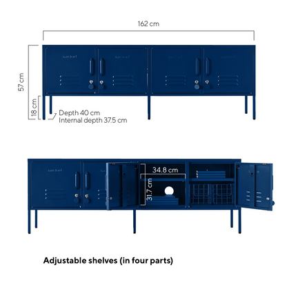 Blue storage unit with dimensions labeled on a white background