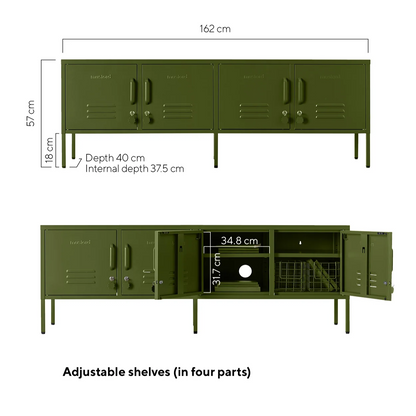 Green storage unit with dimensions labeled on a white background