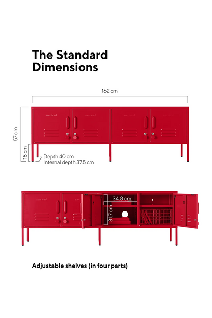 Red storage unit with dimensions labeled on a white background