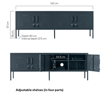 Dimensions of a black locker-style cabinet with adjustable shelves on a white background.