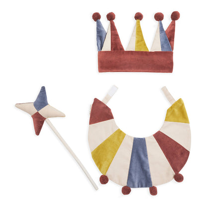 Colorful children's crown, wand, and necklace set on a white background
