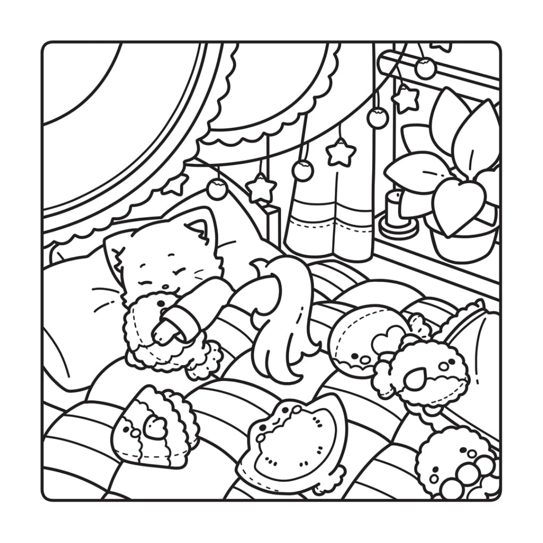 Black and white illustration of a cat in pajamas with toys around, framed like a stained glass window.