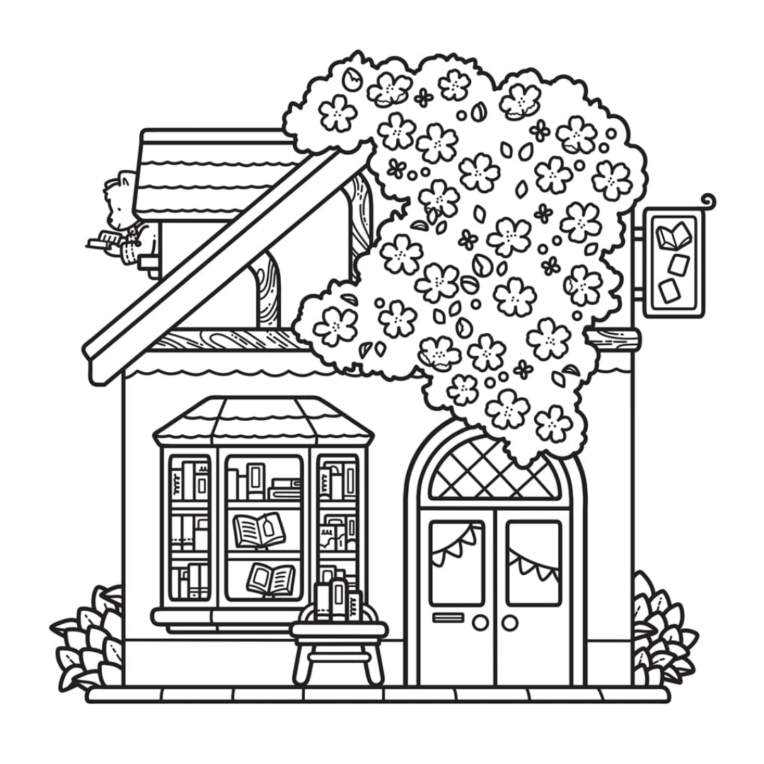 Illustration of a quaint house with a tree and books, suitable for coloring.