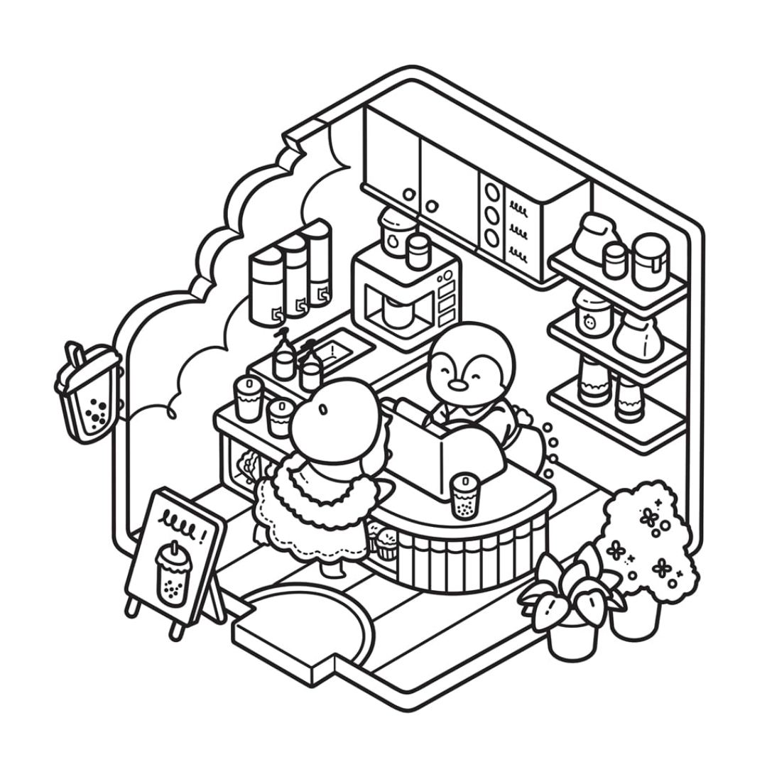 Isometric illustration of a small store with penguin characters inside