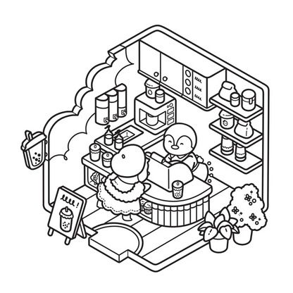 Isometric illustration of a small store with penguin characters inside