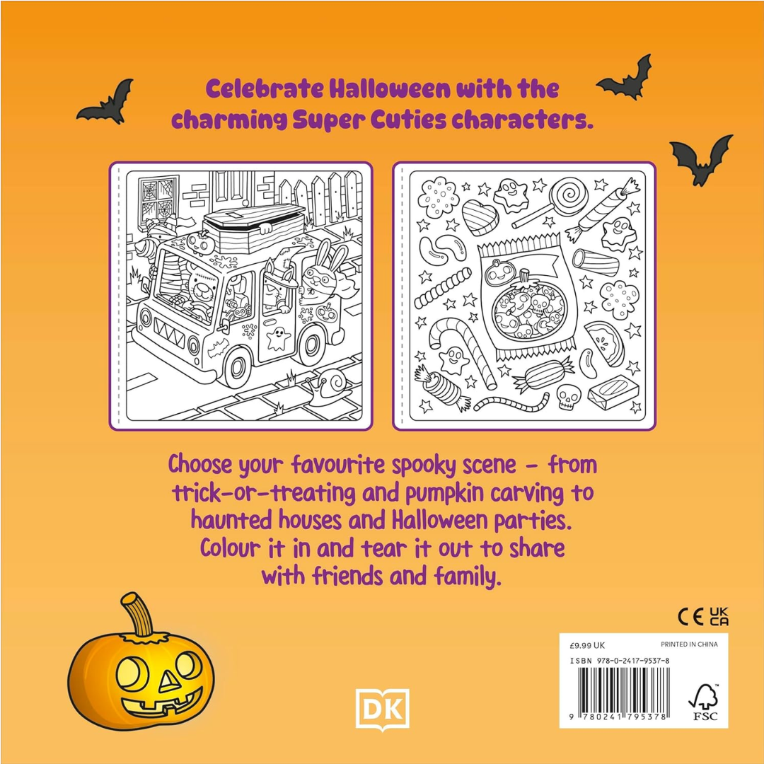 Halloween-themed coloring book with black and white illustrations on an orange background.