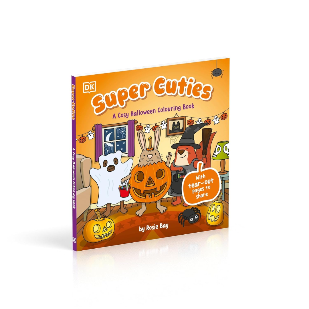 Halloween-themed coloring book with cartoon characters on an orange cover