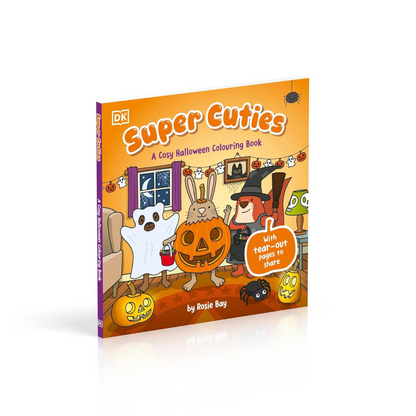 Halloween-themed coloring book with cartoon characters on an orange cover