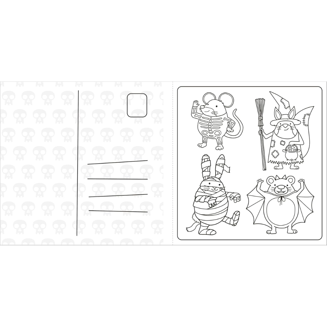 Black and white illustration of cartoon characters on a postcard with a patterned background.