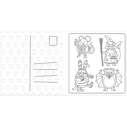 Black and white illustration of cartoon characters on a postcard with a patterned background.