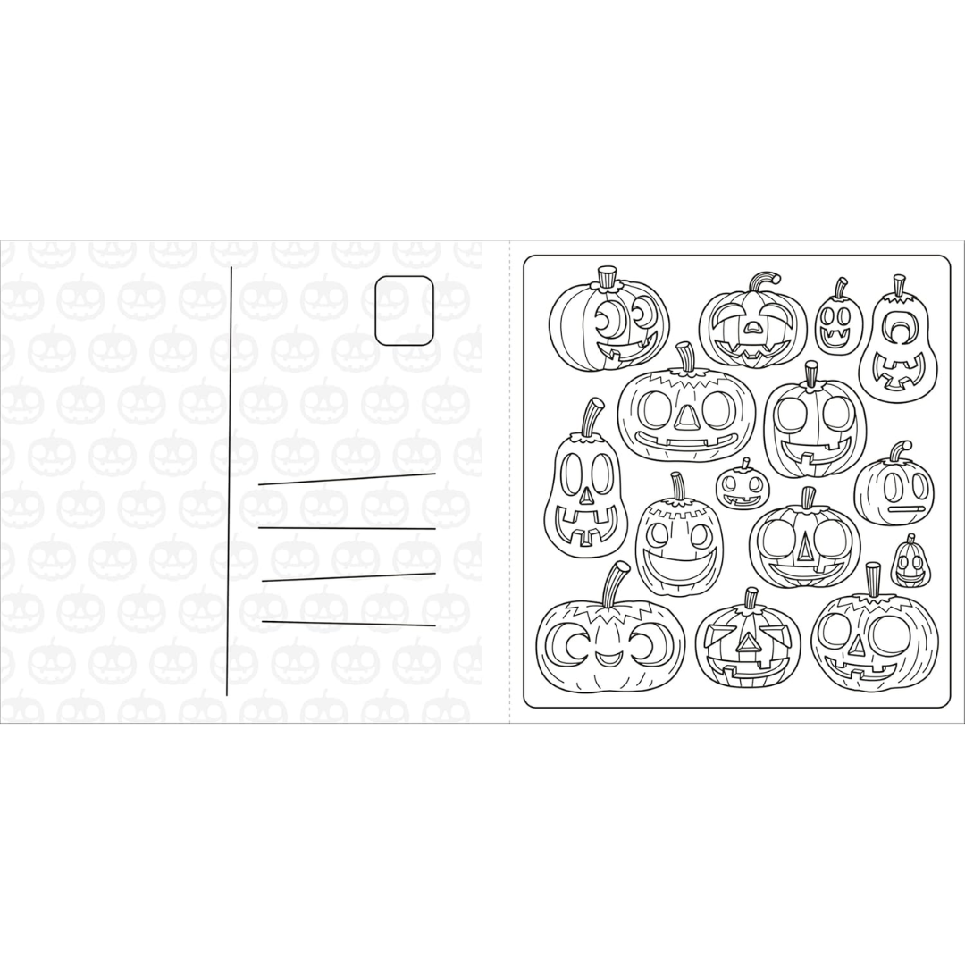 Halloween-themed postcard with jack-o'-lantern illustrations on a white background