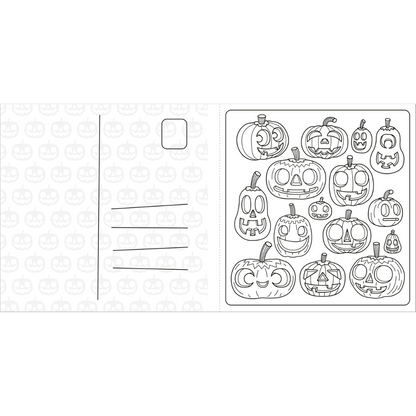 Halloween-themed postcard with jack-o'-lantern illustrations on a white background