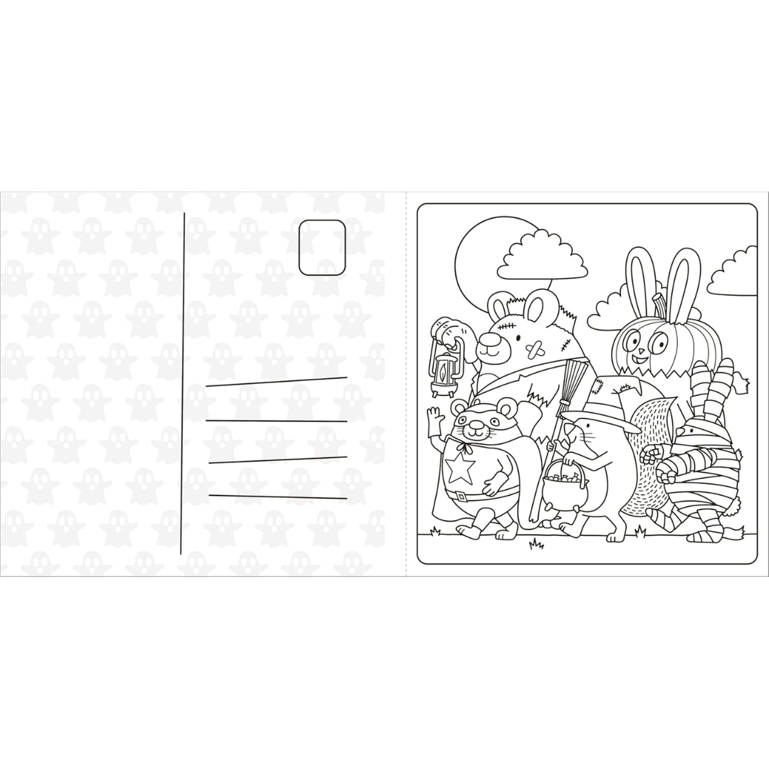 Cartoon animals in a forest scene on a coloring postcard