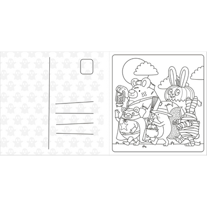 Cartoon animals in a forest scene on a coloring postcard