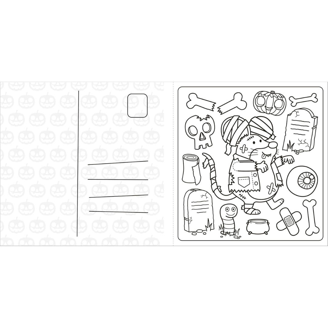 Black and white illustration of a dog with Halloween-themed items on a postcard.