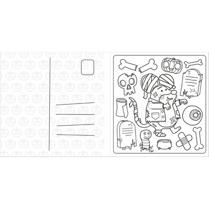 Black and white illustration of a dog with Halloween-themed items on a postcard.