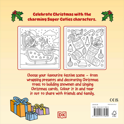 Coloring book page with Christmas-themed illustrations and text on a beige background
