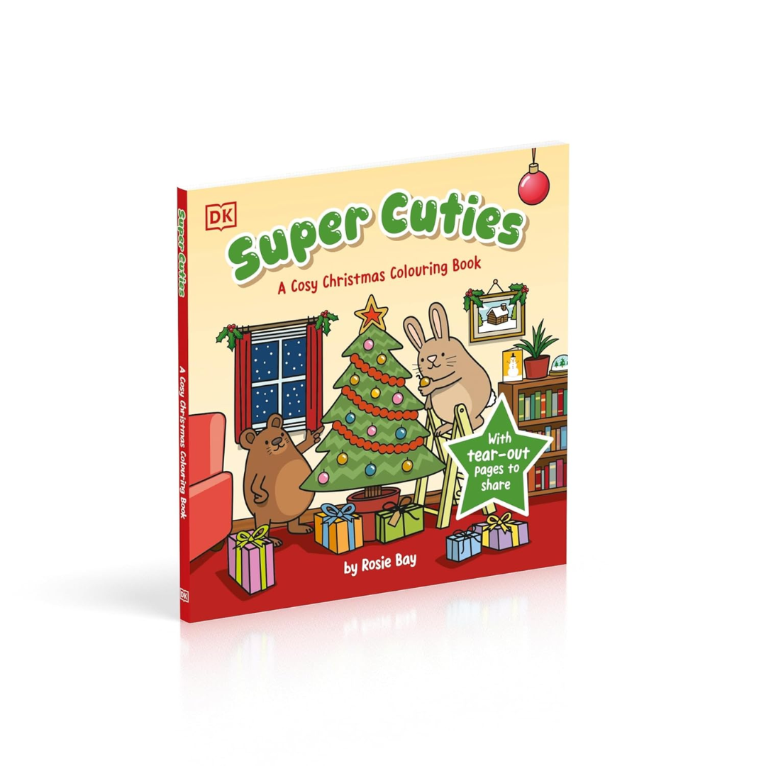 Children's coloring book titled 'Super Cuties' with Christmas theme on a white background