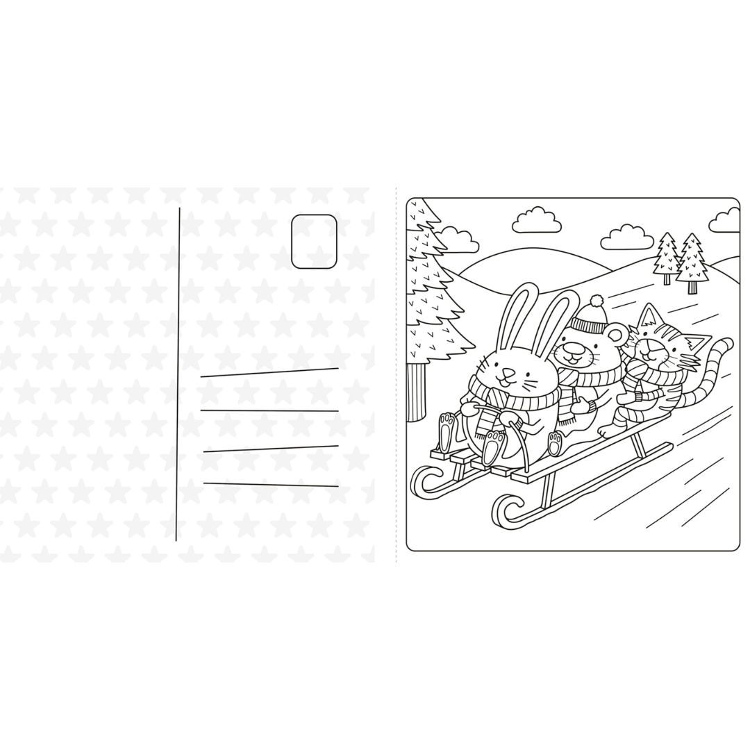 Cartoon of a rabbit and two cats on a sled with a mountain and trees in the background