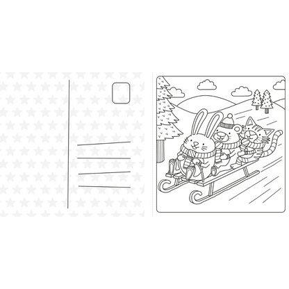 Cartoon of a rabbit and two cats on a sled with a mountain and trees in the background