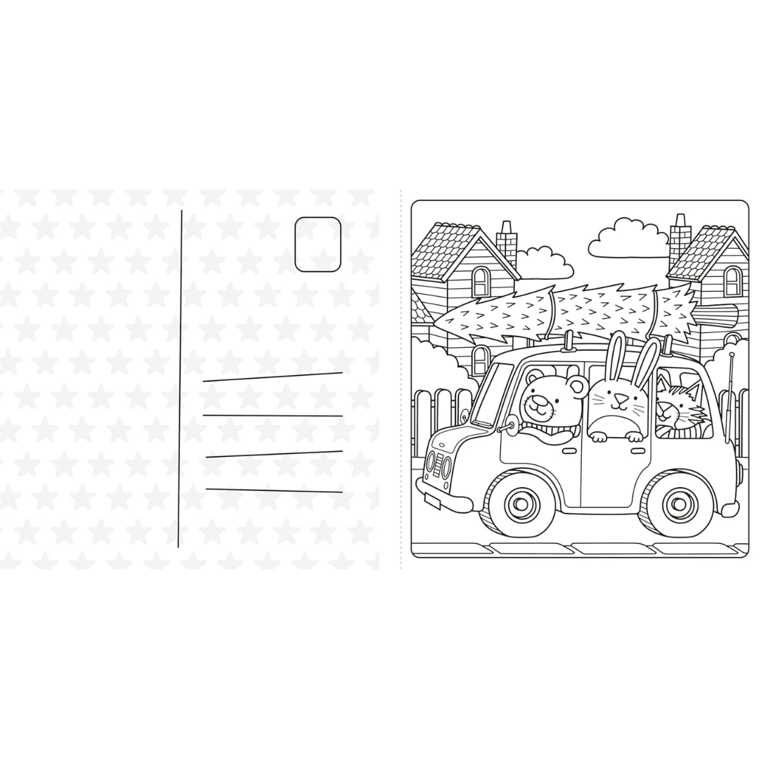 Coloring book page with a truck and animal characters on a white background