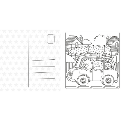 Coloring book page with a truck and animal characters on a white background