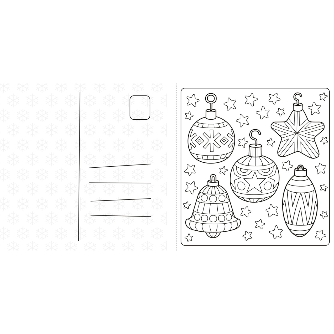 Coloring page with Christmas ornaments and stars on a white background