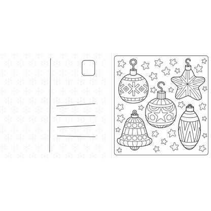 Coloring page with Christmas ornaments and stars on a white background