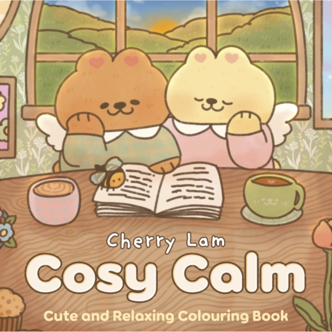Cover of 'Cosy Calm' coloring book by Cherry Lam featuring two cute characters at a table with a scenic background.